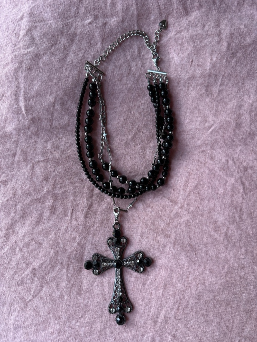 Black Beaded Cross Pendant Necklace